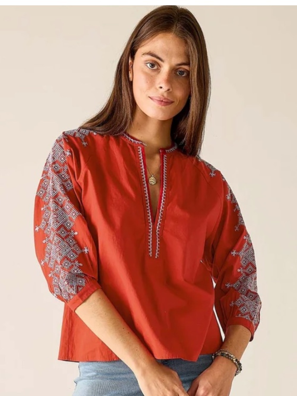 MerseaEmbroidered Red Top with Geometric Accent